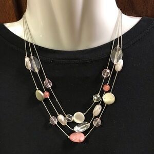 Multi-Layered Silver tone and Pink Acrylic Bead Necklace